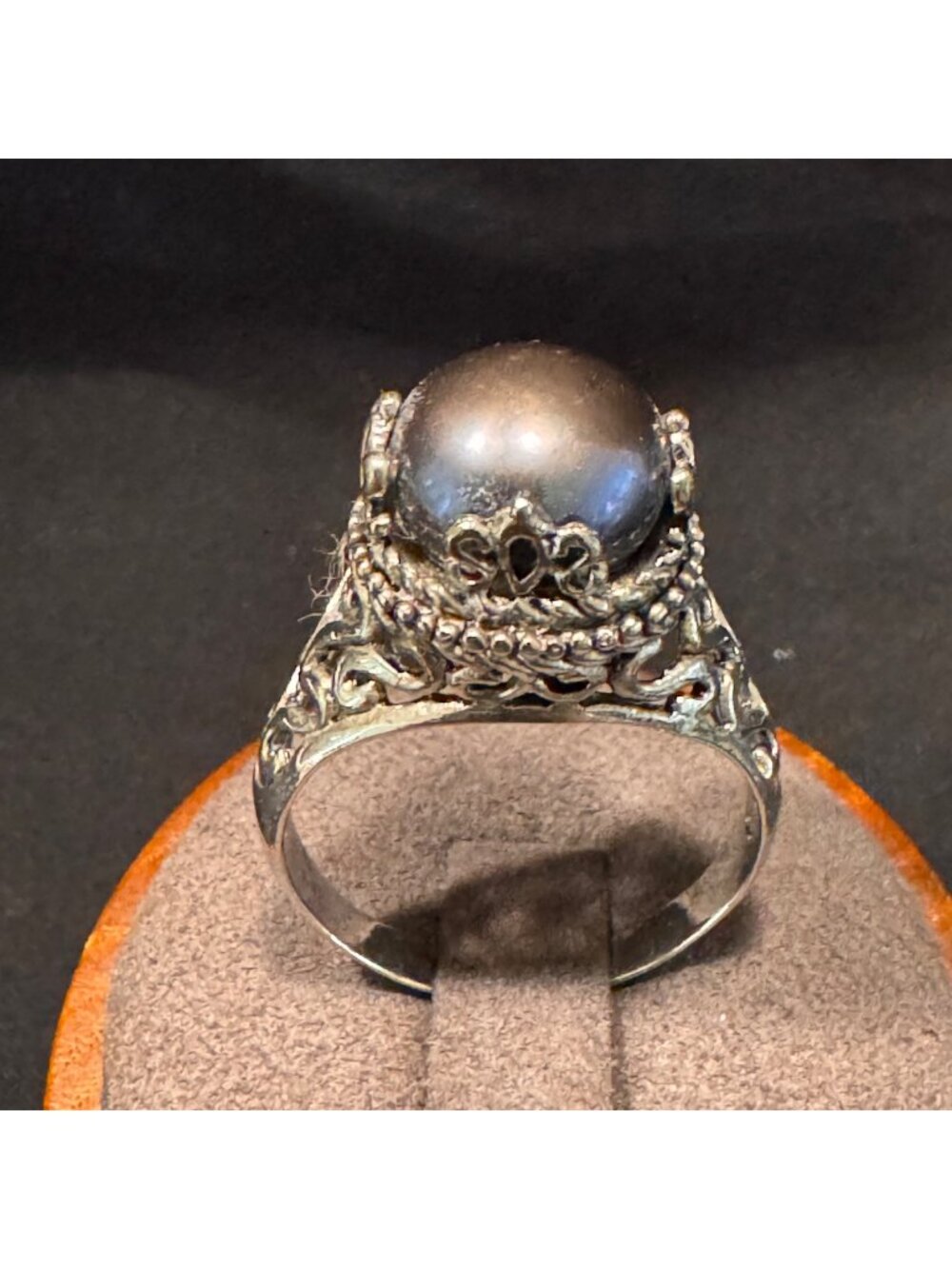 Sterling Silver 925 Black Freshwater Pearl Scroll Shoulders Ring Size 11